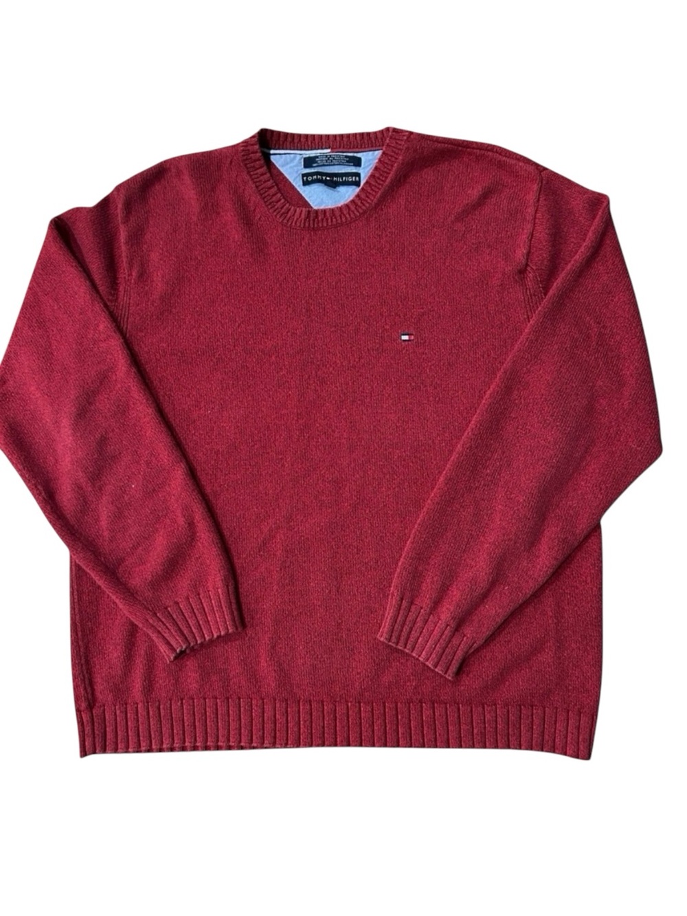 Tommy Hilfiger Men's Classic Red Cotton Crewneck Sweater - Extra Large